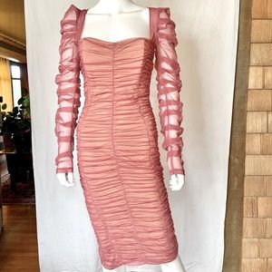 MISS CIRCLE VERY SEXY BODYCON PINK BANDAGE DRESS WITH MESH SLEEVES. VERY UNIQUE